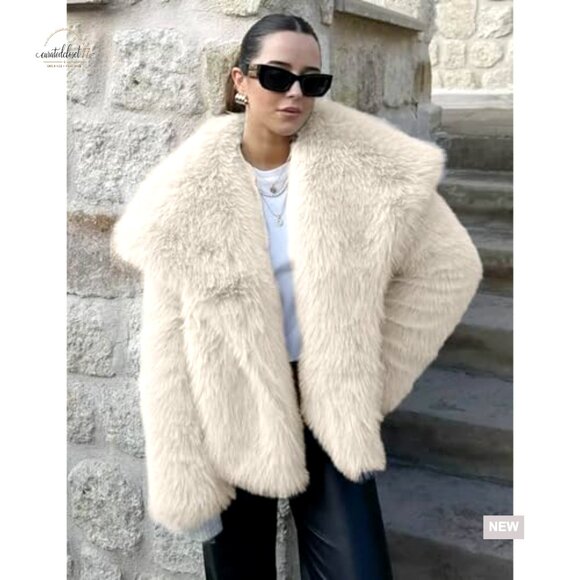 Faux Fur Jacket Cropped Lapel Button Down Winter Outerwear - Picture 4 of 7